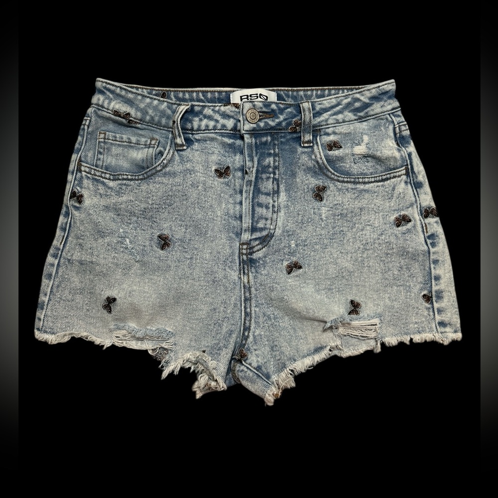 Embroidered Butterly Denim Hippie  Shorts - Blue Size 26